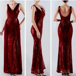 Red, Double V,  Beaded Back,  Draped Skirt, Sequined Mermaid Gown